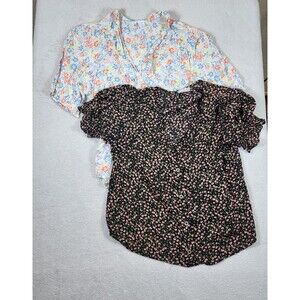 Old Navy Sienna Sky Floral Blouse Lot 2 Small S Short Sleeve Boho V-Neck Button